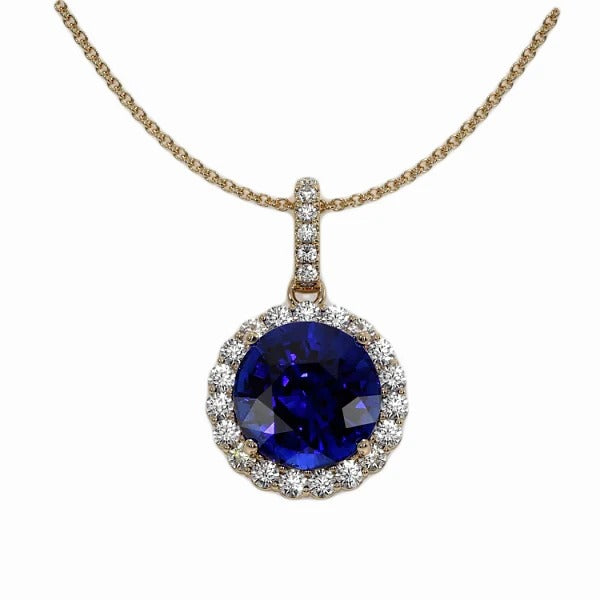 Pendentif Halo Diamant Rond & Saphir Bleu Or Jaune 3.50 quilates