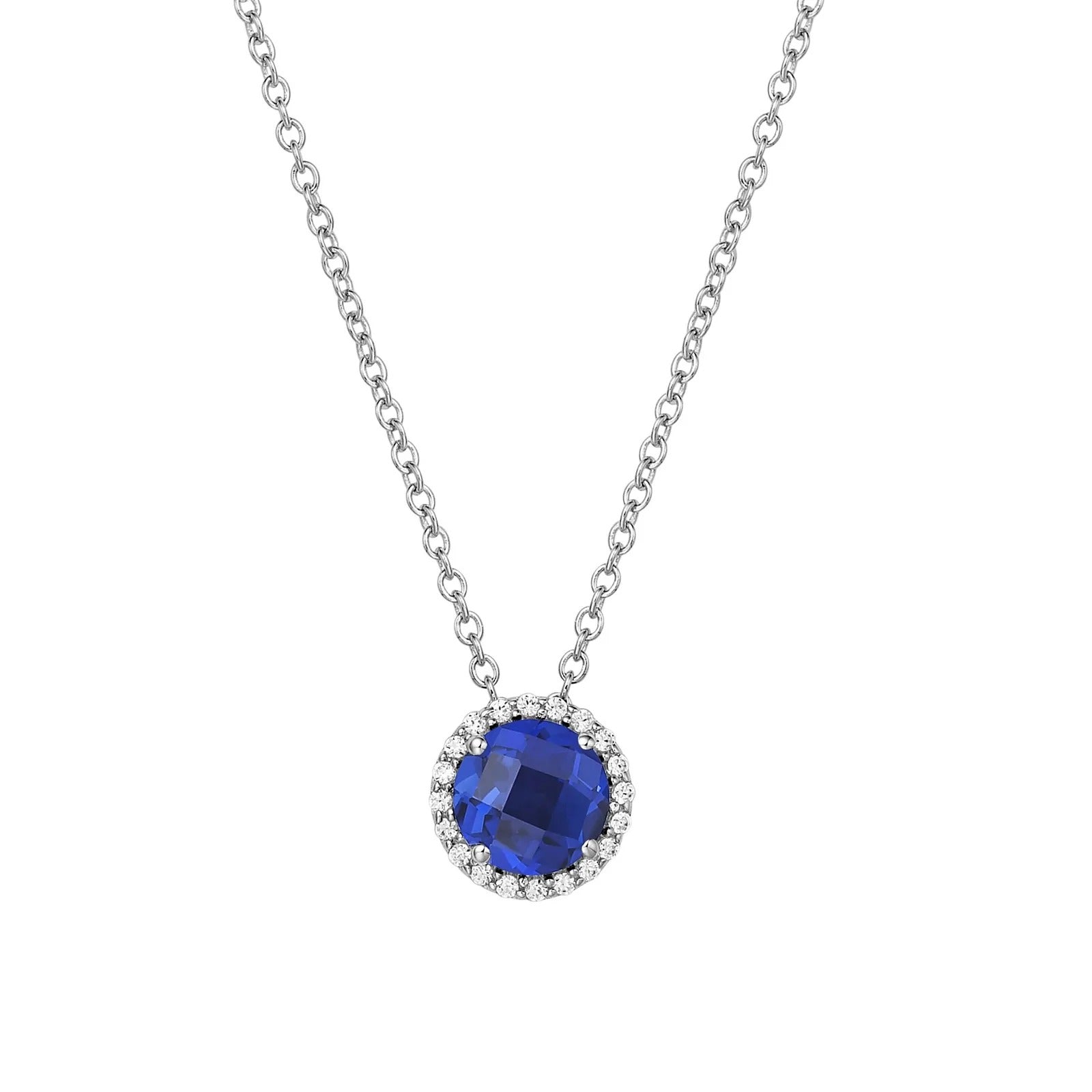 Pendentif Halo Diamant & Saphir Bleu Rond Avec Chaîne 1.50 quilates