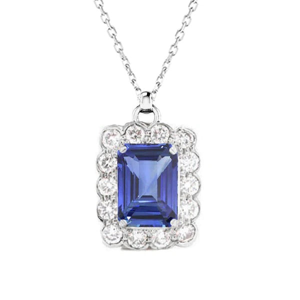 Pendentif Halo Emeraude Bleu Saphir & Diamant Style Fleur 4.25 quilates