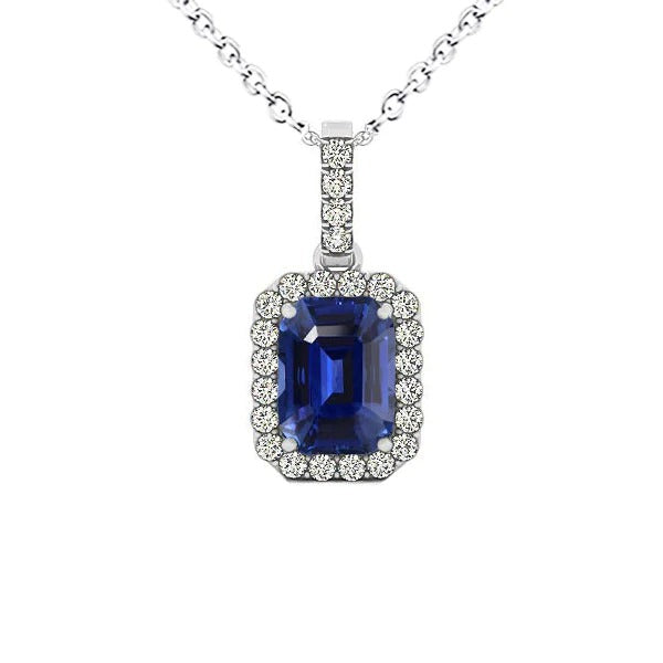 Pendentif Halo Emeraude Saphir Bleu & Diamant Rond 3 quilates