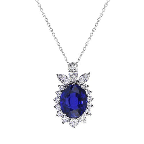 Pendentif Halo Ovale Saphir Bleu Foncé & Collier Diamant 2.25 quilates