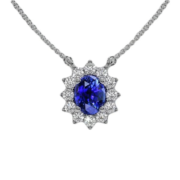 Pendentif Halo Saphir de Ceylan Ovale & Diamant Style Fleur 3.50 quilates