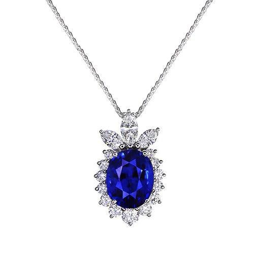 Pendentif Halo Saphir de Ceylan Ovale Rond & Diamant Marquise 2 quilates