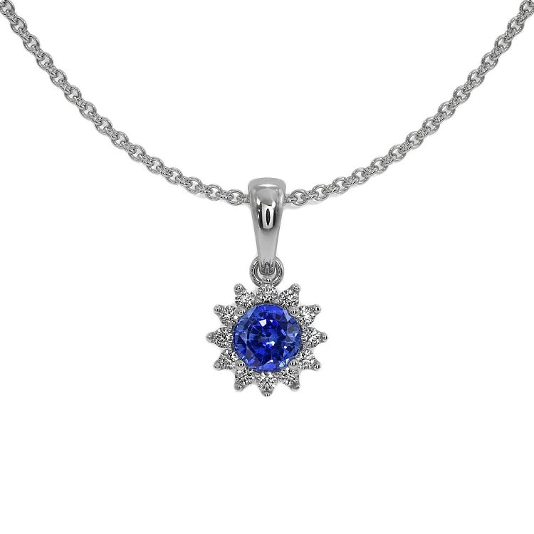 Pendentif Halo Saphir de Ceylan Rond Bijoux Style Fleur 2 quilates