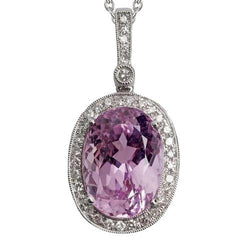 Pendentif Kunzite Rose Et Diamant Or Blanc 14K Bijoux Dame 9 Ct