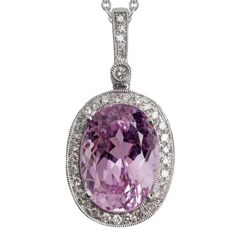 Pendentif Kunzite Rose Et Diamant Or Blanc 14K Bijoux Dame 9 Ct - HarryChadEnt.FR