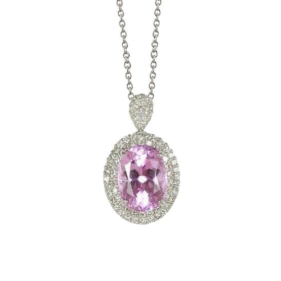 Pendentif Kunzite Rose Taille Ovale Et Diamant 15.50 Carats Or Blanc 14K - HarryChadEnt.FR