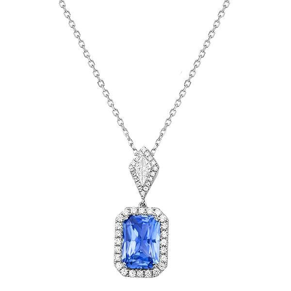 Pendentif Saphir Bleu Clair Radiant & Halo de Diamants Or 2.25 quilates