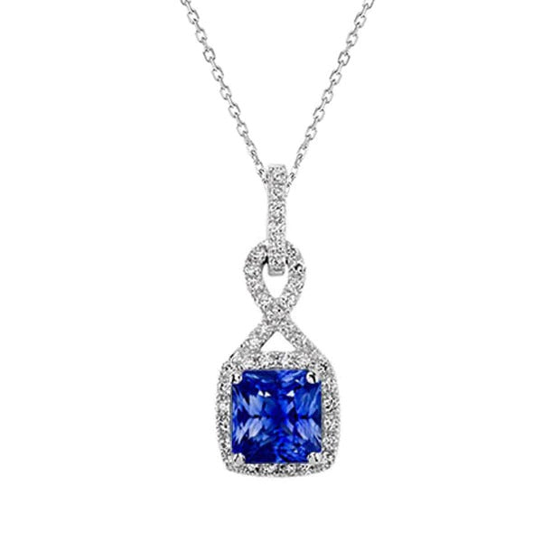 Pendentif Saphir Bleu Coussin & Diamant Halo Style Infini 3 quilates