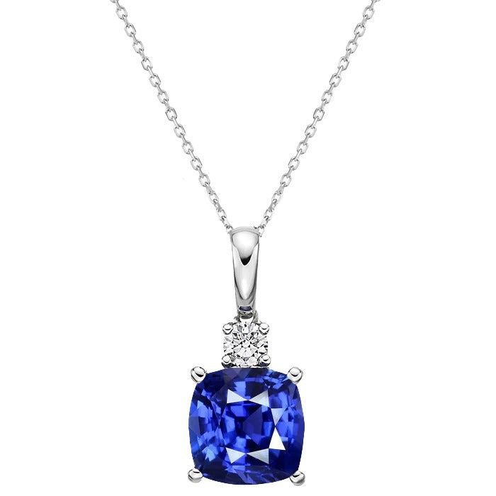 Pendentif Saphir Bleu Coussin & Diamant Rond Avec Chaîne 2.75 quilates