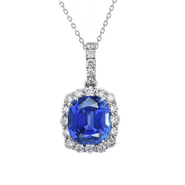 Pendentif Saphir Bleu Coussin & Diamant Rond Avec Chaîne 4.25 quilates