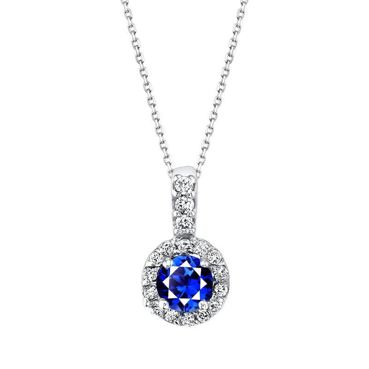 Pendentif Saphir Bleu Rond & Halo de Diamants Or Blanc 14K 3 quilates