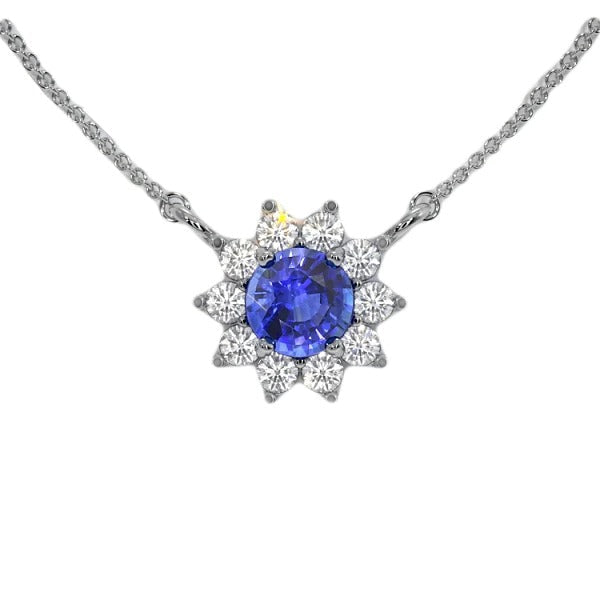 Pendentif Saphir Bleu Rond & Halo de Diamants Style Étoile 3 quilates