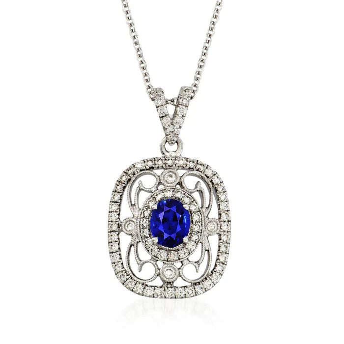 Pendentif Saphir Ceylan Ovale & Diamant Style Vintage 2.50 quilates