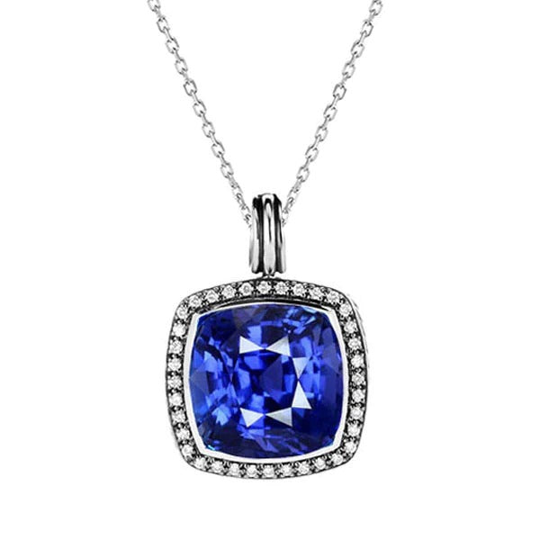 Pendentif Saphir Coussin & Halo de Diamants Ronds 3.75 quilates Or 14K