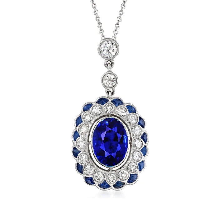 Pendentif Saphir Ovale Double Halo Diamant Rond 4.50 quilates