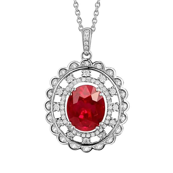 Pendentif Sertie De Griffes Rubis Rouge Et Diamants 3 Ct Avec Chaîne Or Blanc - HarryChadEnt.FR