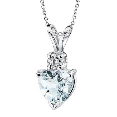 Pendentif aigue-marine en forme de grand cœur avec diamant 15 ct en or blanc 14K