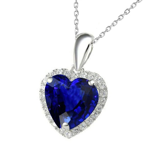 Pendentif coeur saphir bleu et halo de diamants ronds avec bélière 5 quilates