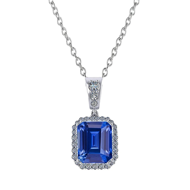 Pendentif en or 14 carats avec saphir bleu émeraude et halo de diamants 2.25 quilates