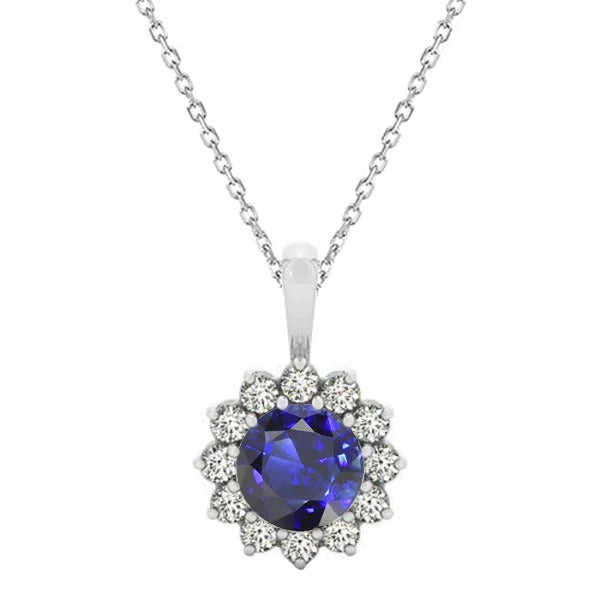 Pendentif en pierres précieuses rondes et halo de diamants style fleur 2.75 quilates