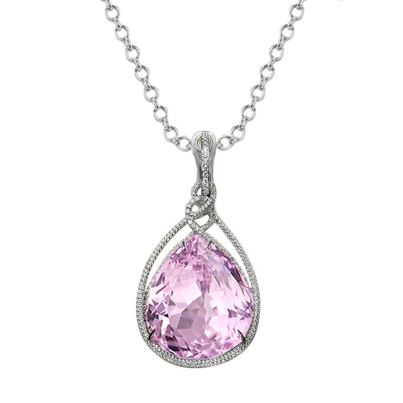 Pendentif femme diamant Kunzite rose taille poire 32.50 ct en or blanc 14K - HarryChadEnt.FR