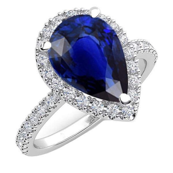 Poire Halo Gemme Bague Saphir Bleu Accents Diamants Bijoux 5 Carats - HarryChadEnt.FR