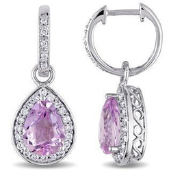 Poire Kunzite Avec Diamants Ronds 28 Ct. Boucles D'oreilles Pendantes Blanc
