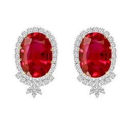 Rubis ovale rouge avec petit halo de diamants 14.70 ct. Boucles d'oreilles WG 14K
