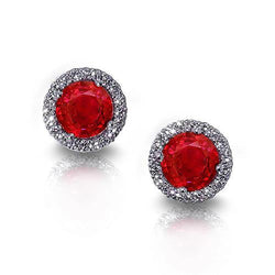 Rubis rouge rond avec halo de diamants 7 ct. Boucles D'oreilles Puces Dame Or Blanc