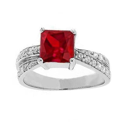 Rubis rouge taille princesse avec diamants 4.10 ct. Bague Or Blanc 14K - HarryChadEnt.FR
