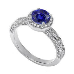 Saphir Bleu Rond 4.70 Ct. Bague Diamant Style Vintage Or Blanc 14K