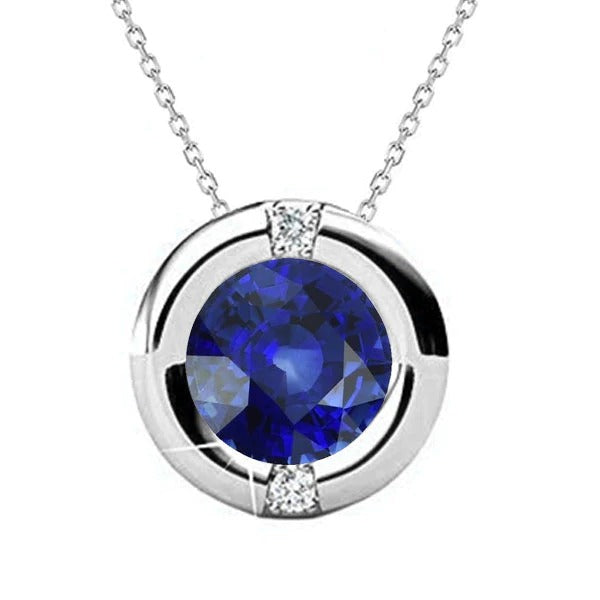 Saphir Bleu Rond & Diamant Pendentif 3 Pierres Serti Lunette 3.25 quilates
