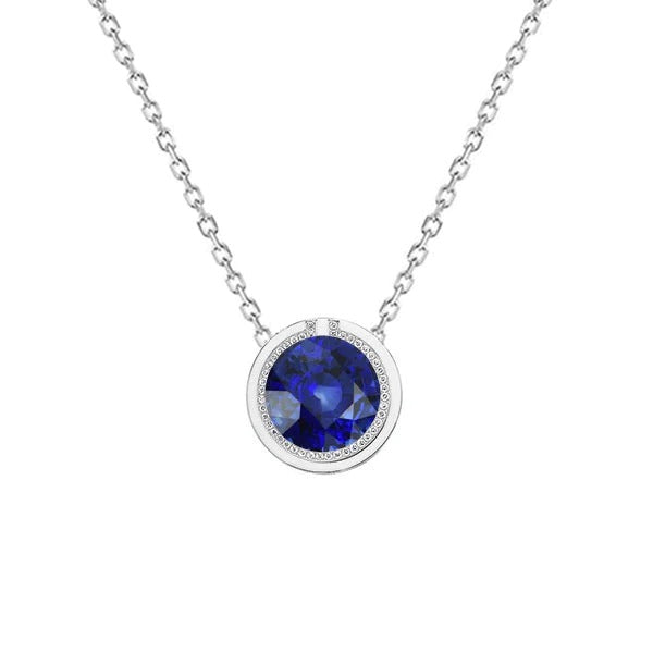 Saphir Bleu Rond & Diamant Pendentif Lunette Ensemble Bijoux 1.25 quilates