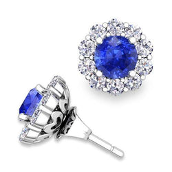 Saphir de Ceylan Coupe Ronde de 4.50 ct avec clous de diamants Halo or blanc