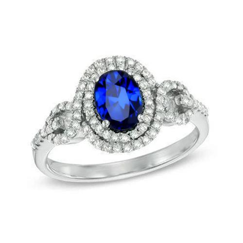 Saphir de Ceylan ovale en or blanc 2.75 carats avec bague en diamant rond - HarryChadEnt.FR