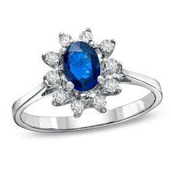 Saphir du Sri Lanka et diamants ovales et ronds 2.50 ct. Bague WG 14K