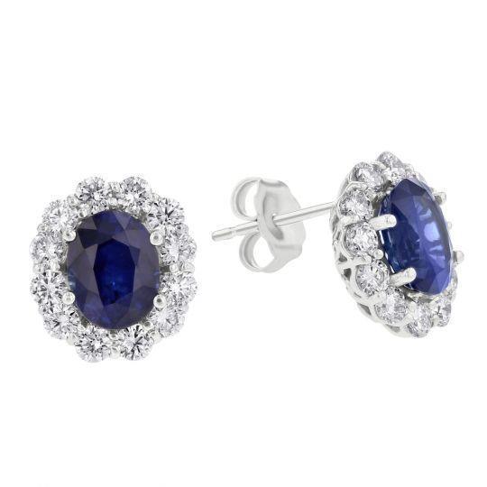 Saphir ovale avec diamants 5.70 ct. Boucles D'oreilles Clous Or Blanc - HarryChadEnt.FR