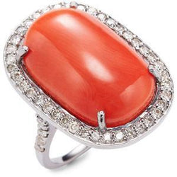 Sertie de griffes 14 carats ovale corail rouge avec bague en diamant rond