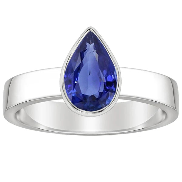 Solitaire Bague Homme Sertie Lunette Saphir Bleu Taille Poire 2.50 Carats