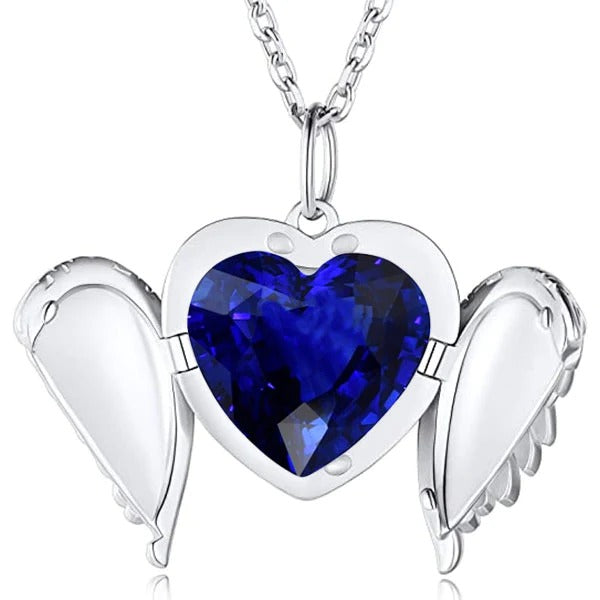 Solitaire Coeur Saphir Bleu Ailes d'Ange Pendentif Collier Glissière 4 quilates