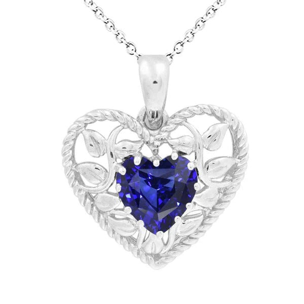 Solitaire Coeur Saphir Bleu Pendentif Corde Style Feuille 1.50 quilates