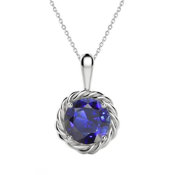 Solitaire Pendentif Saphir de Ceylan Rond Style Corde Or 2 quilates