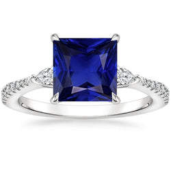 Solitaire Princesse Saphir Bleu Poire & Diamants Ronds Accents 6 Carats