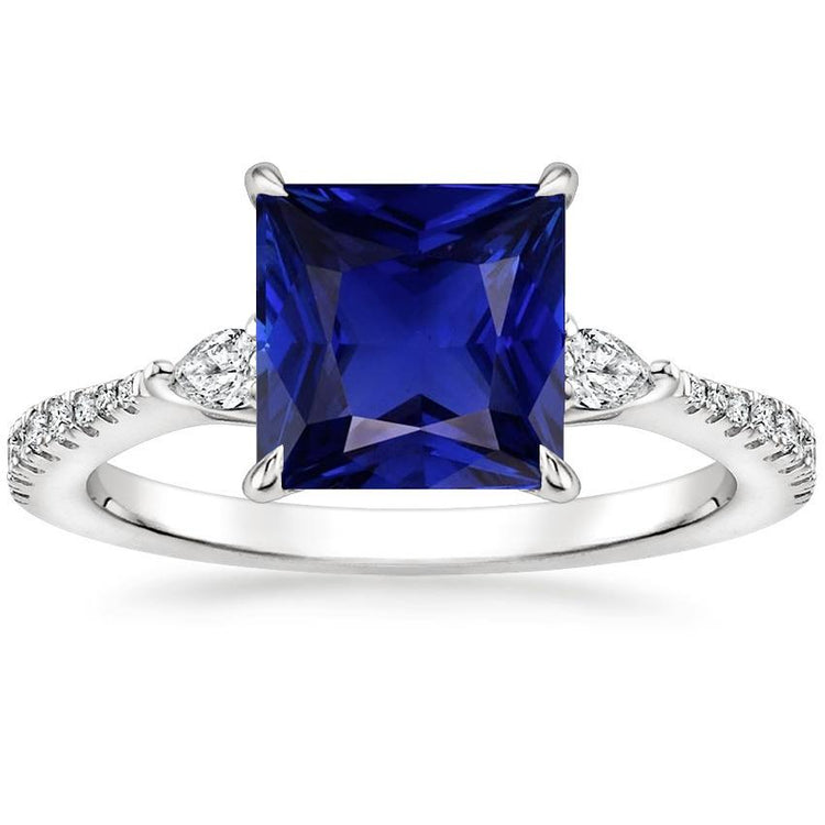 Solitaire Princesse Saphir Bleu Poire & Diamants Ronds Accents 6 Carats - HarryChadEnt.FR