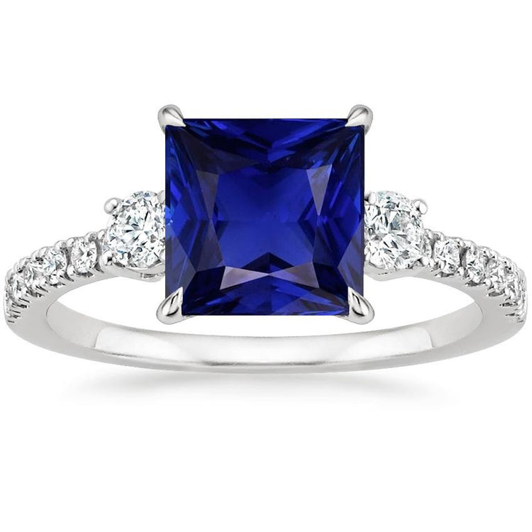 Solitaire Saphir Bleu Avec Accents Pierres Précieuses Taille Princesse 6.25 Carats - HarryChadEnt.FR