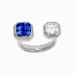 Toi et Moi Asscher Bague Diamant Serti Lunette Saphir Radiant 2.50 Carats
