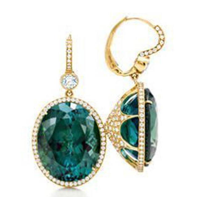 Tourmaline verte 27 carats avec boucle d'oreille pendante en diamant en or jaune 14 carats - HarryChadEnt.FR